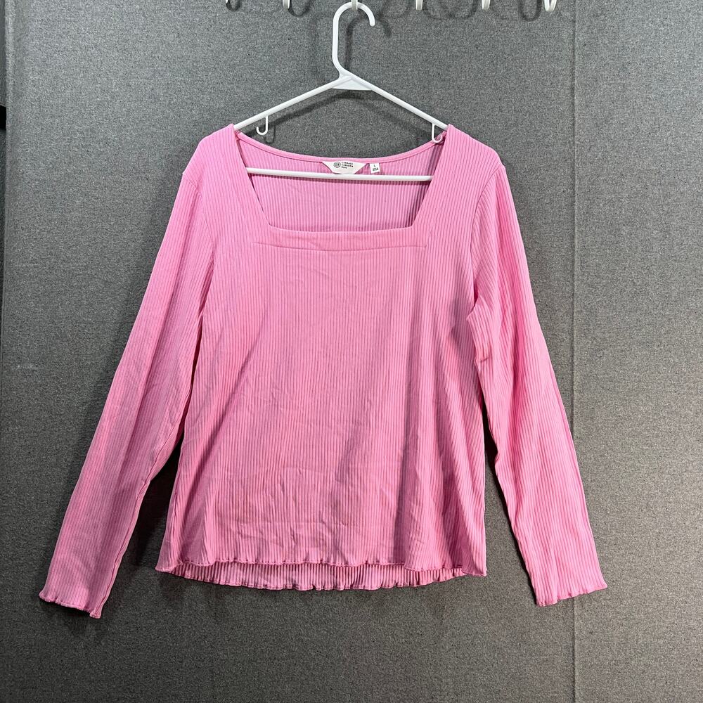 Candace Cameron Bure Square-Neck Soft Ruffle Hem Rib Knit Top Camelia Pink Large
